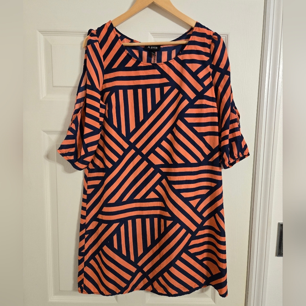 A. Byer Orange and Blue Geometric Dress Open Sleeves Size Large